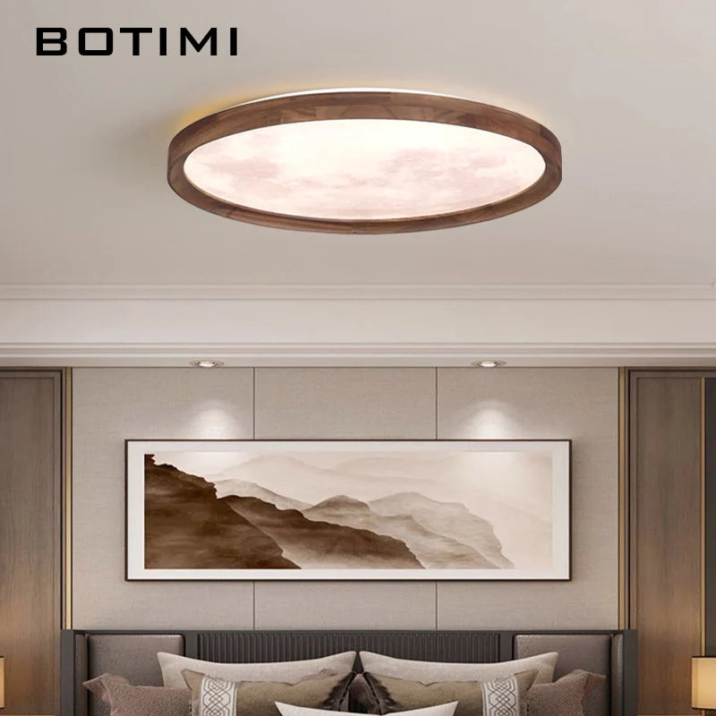 plafonnier moderne bois marron lumière nuageuse intensité variable télécommande éclairage chambre semi translucide