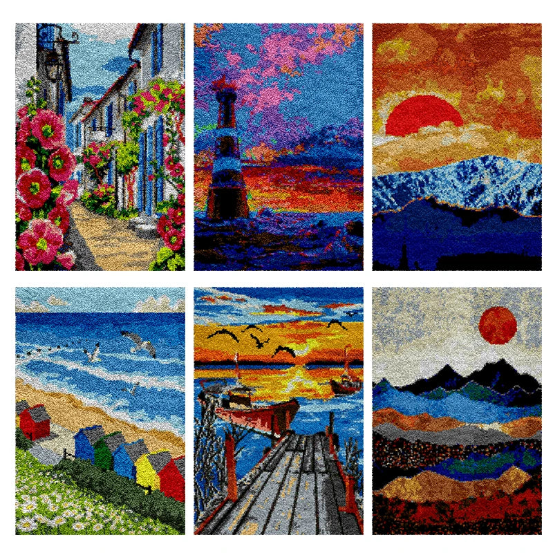 tapis décoratif multicolore paysages naturels artisanal crocheté fil laine scènes animaux fleurs opaques
