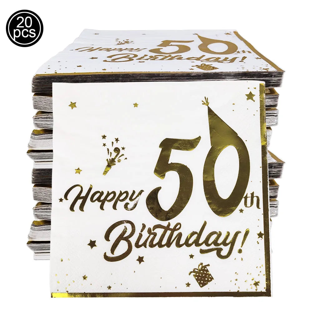 serviettes papier blanc doré anniversaire chiffres étoiles ballons textes festives 18 20 30 40