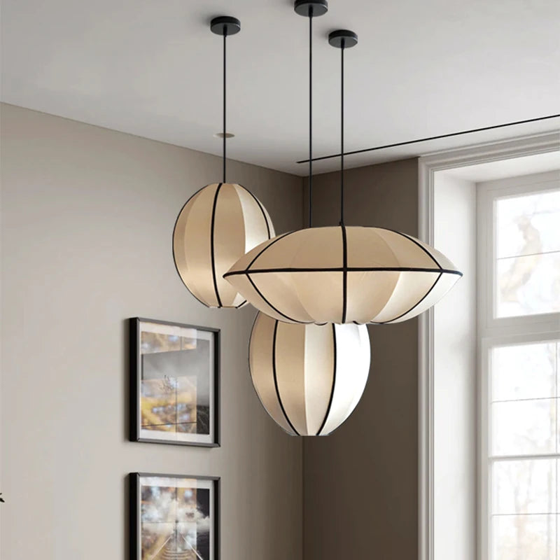 suspension moderne tissu blanc motif géométrique opaque chambre salon lumière led pendentif