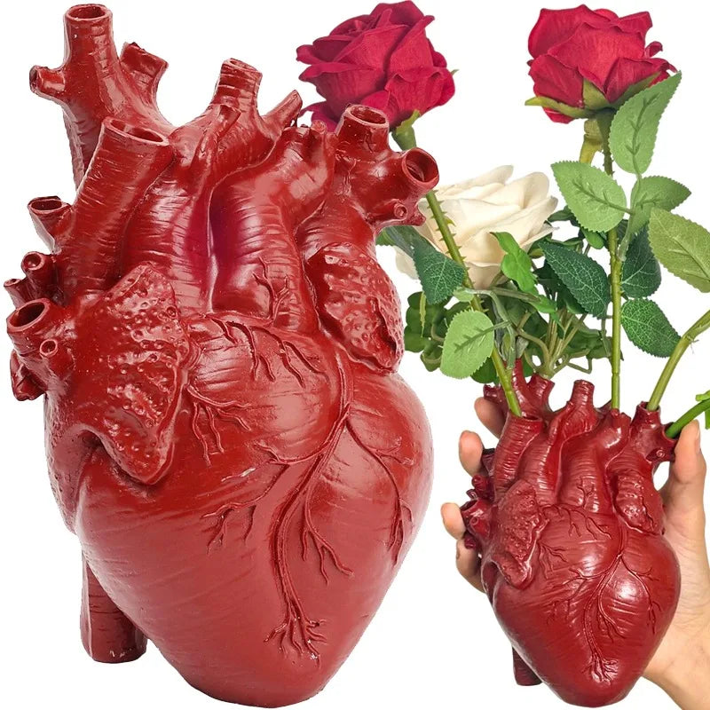 vase decoratif forme coeur anatomique resine rouge doré texturé arteres veines fleurs decor original