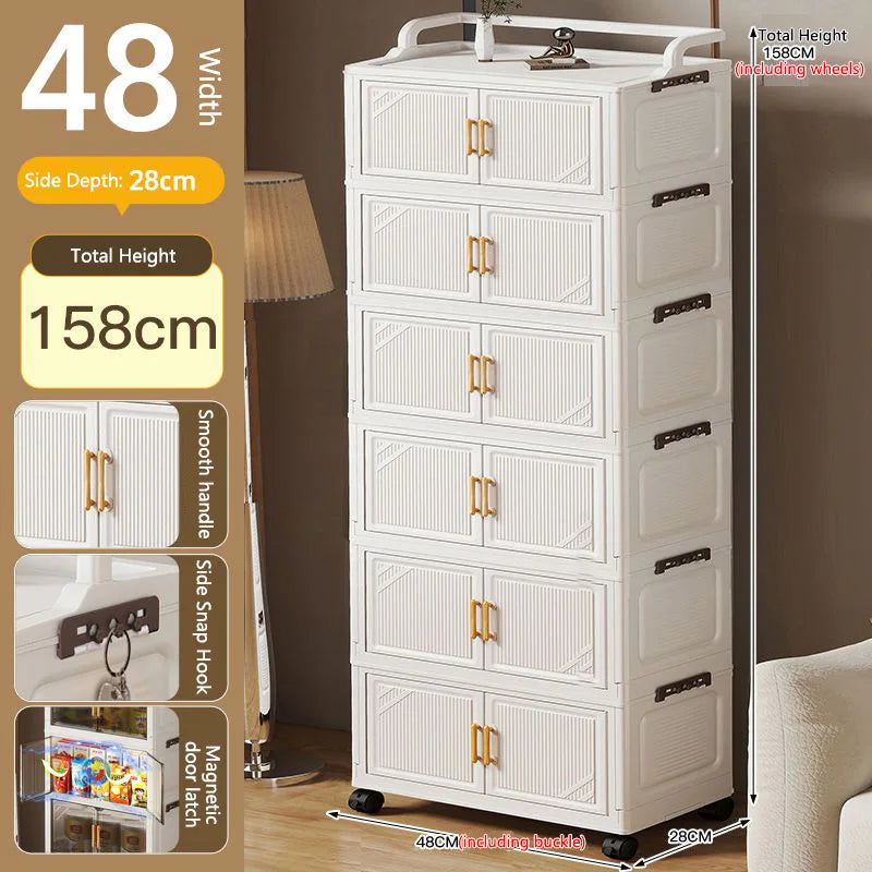 meuble rangement pliable blanc roulettes portes poignées dorées vêtements