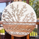 décoration murale bienvenue panneau rond bois fleurs feuilles motif zigzag rustique moderneextérieurporte farmhouse porche