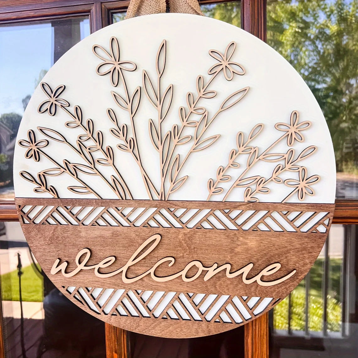 décoration murale bienvenue panneau rond bois fleurs feuilles motif zigzag rustique moderneextérieurporte farmhouse porche