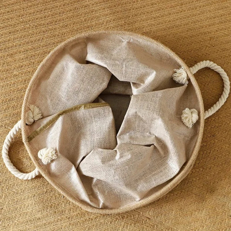 panier toile jute pliable imperméable poignées rustique beige blanc(franges)