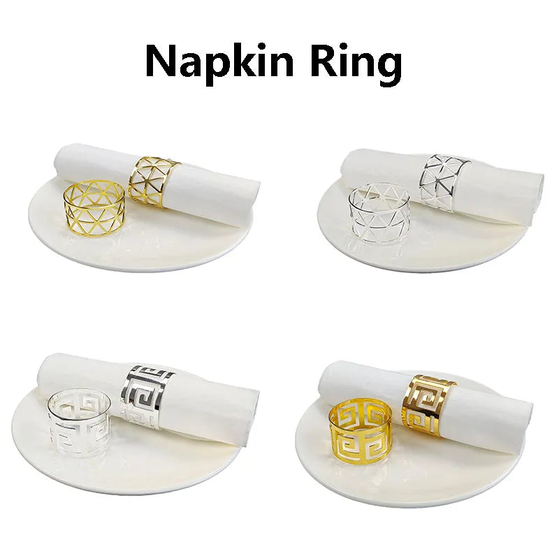 anneaux serviettes or blanc motif géométrique moderne élégants set mariage anniversaire six pièces