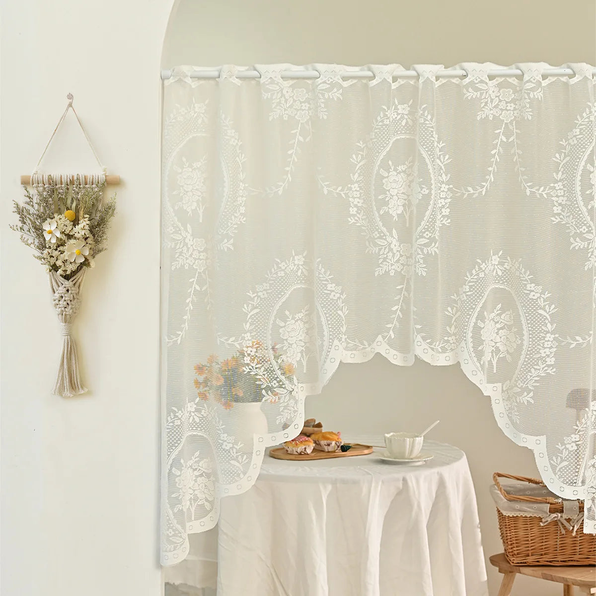 rideau fenêtre blanc motif floral polyester cuisine classique romantique translucent 150x100cm
