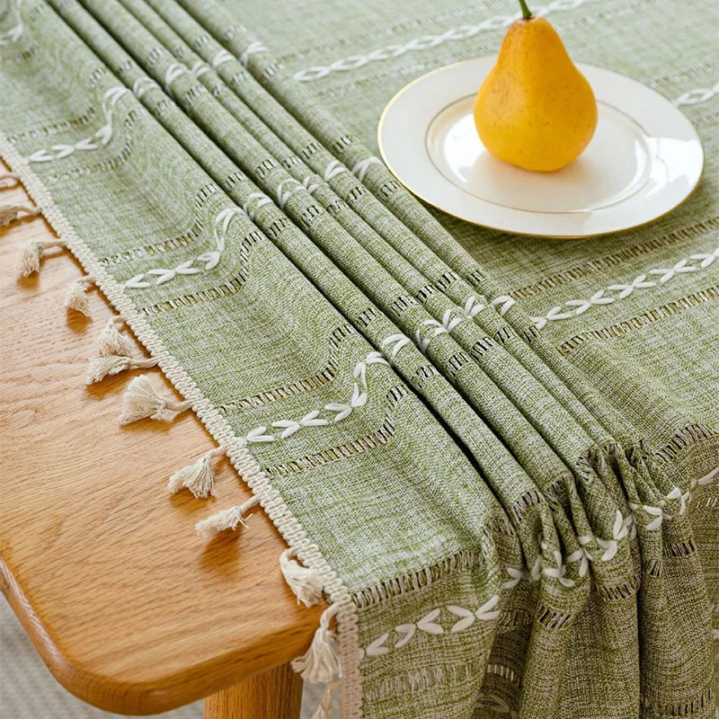 nappe vert olive rayures blanches franges boho chic réutilisable polyester table hiver été ramadan