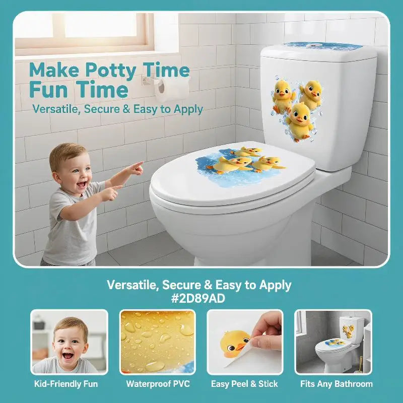 cache siège toilette adhésif oiseaux canard poussins vague eau blanc bleu marron jaune gris