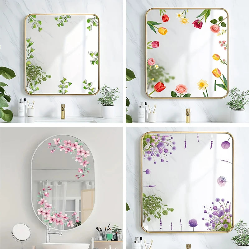 miroir adhésif moderne fleurs tulipes roses pivoines feuilles branches noir doré blanc