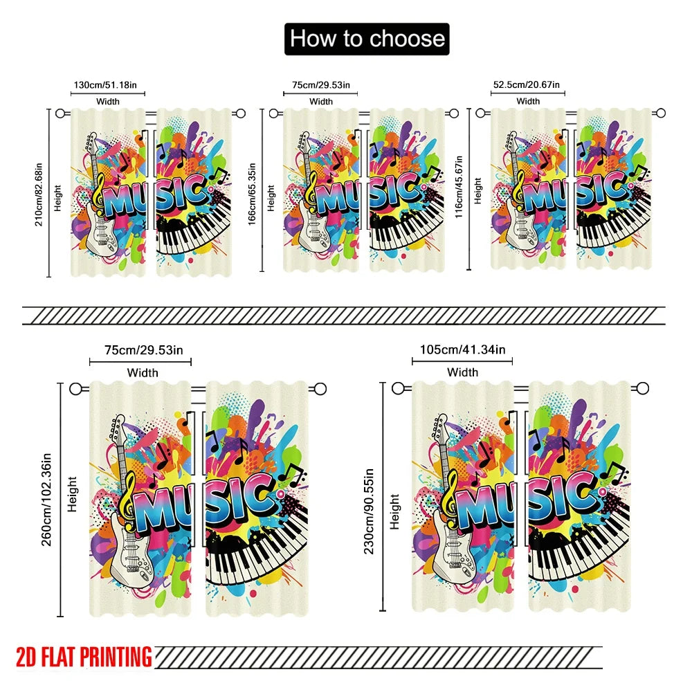 rideau moderne multicolore graphique notes musique opacité 100% polyester deux panneaux vibrant pop art