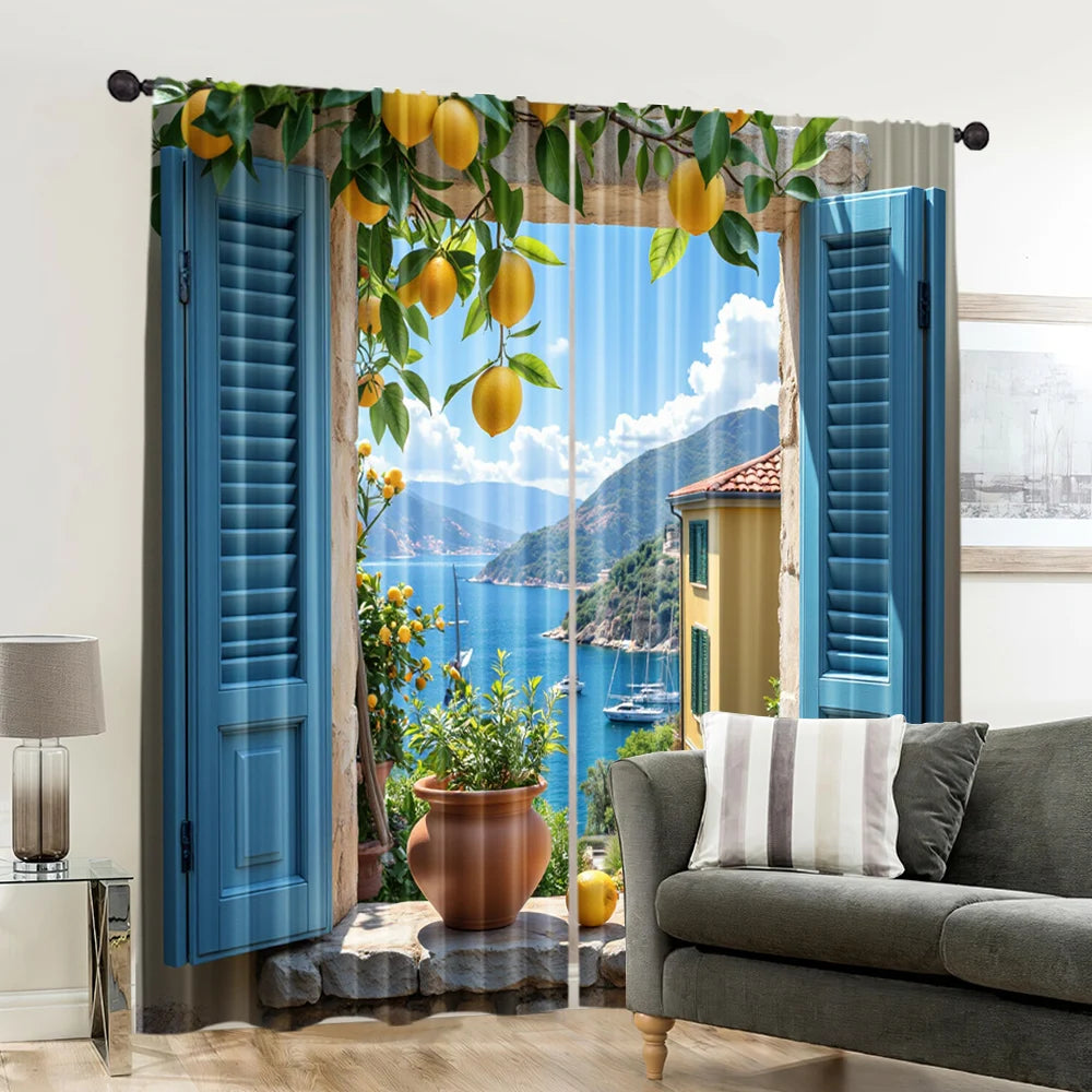 rideau moderne bleu citron feuilles paysage marin pièces polyester annelés