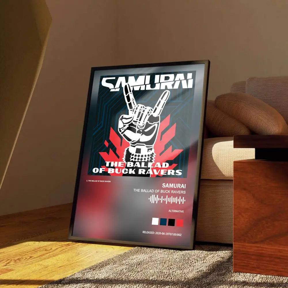 affiche moderne samouraï cyberpunk noir rouge blanche gris graphique abstraite deco mur chambre
