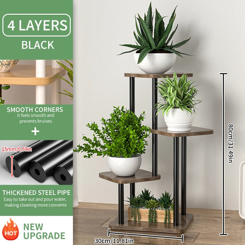 étagère plantes bois brun moderne niveaux pots blancs métal noir