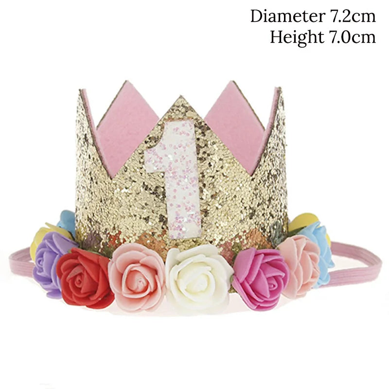 couronne enfant anniversaire ans paillettes or rose blanche fleurs artificielles bandeau élastique princesse festif