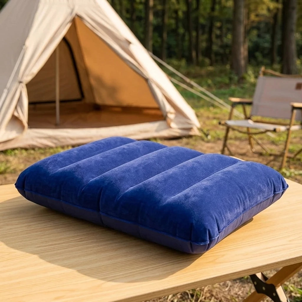 oreiller gonflable velours bleu marine confortable pratique sac rangement voyage camping
