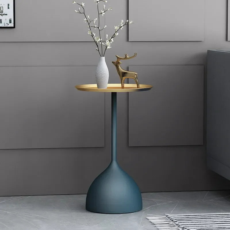 table basse moderne or bleu marine minimaliste plateau rond base originale 38.5x61x28