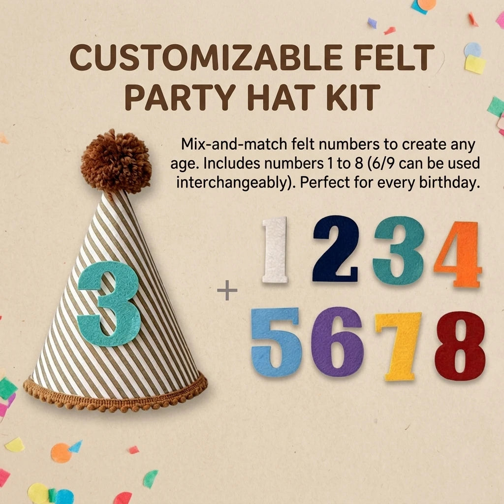 chapeau anniversaire enfant rayures pompon chiffres decoratif festif adhésif blanc marron bleu orange
