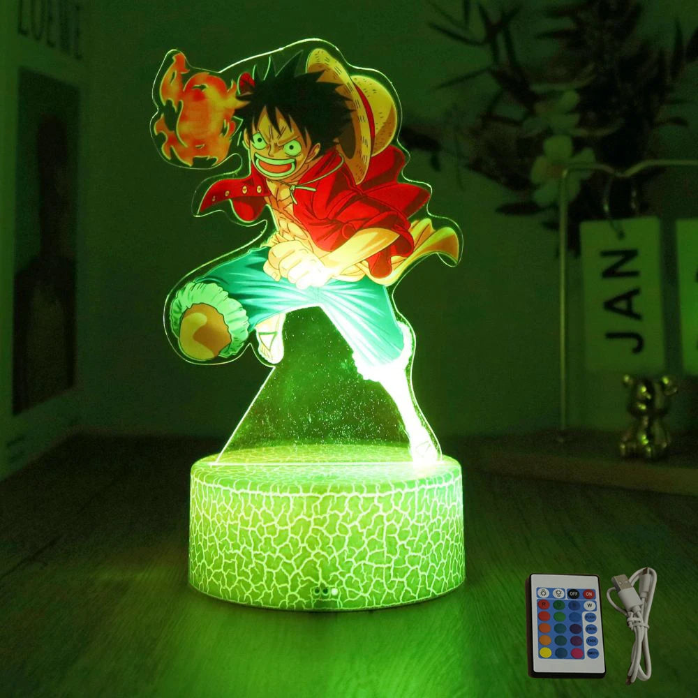 lampe led 3d anime luffy zorro cracked surface télécommande câble usb nocturne rouge vert