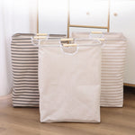 panier linge pliable rayures horizontales gris clair beige moderne réutilisable fibre végétale poignées bois