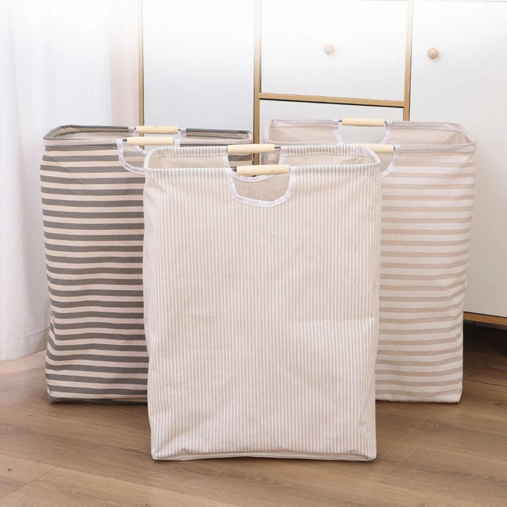 panier linge pliable rayures horizontales gris clair beige moderne réutilisable fibre végétale poignées bois