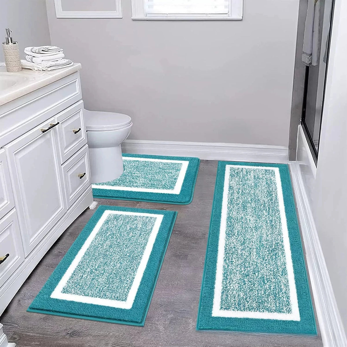 tapis sol microfibre moderne gris blanc bordure blanche antidérapant salle bain