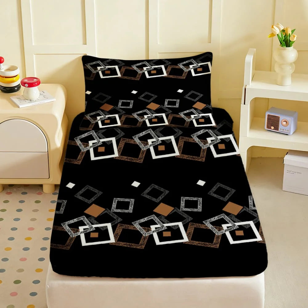 drap housse géométrique moderne noir blanc marron carrés superposés adhésif lit simple double queen