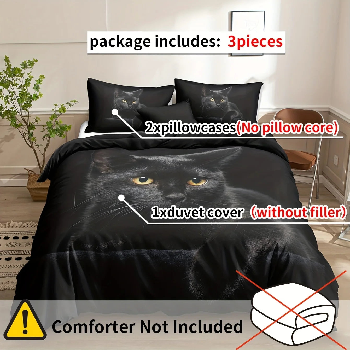 Détail du motif chat noir sur la housse de couette