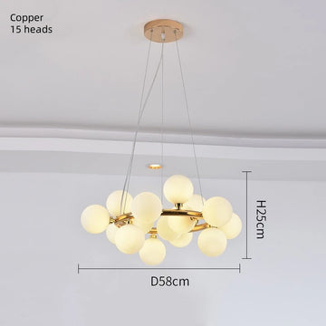 suspension lumineuse moderne or blanc boules sphériques translucides 15 têtes chaînes suspendues
