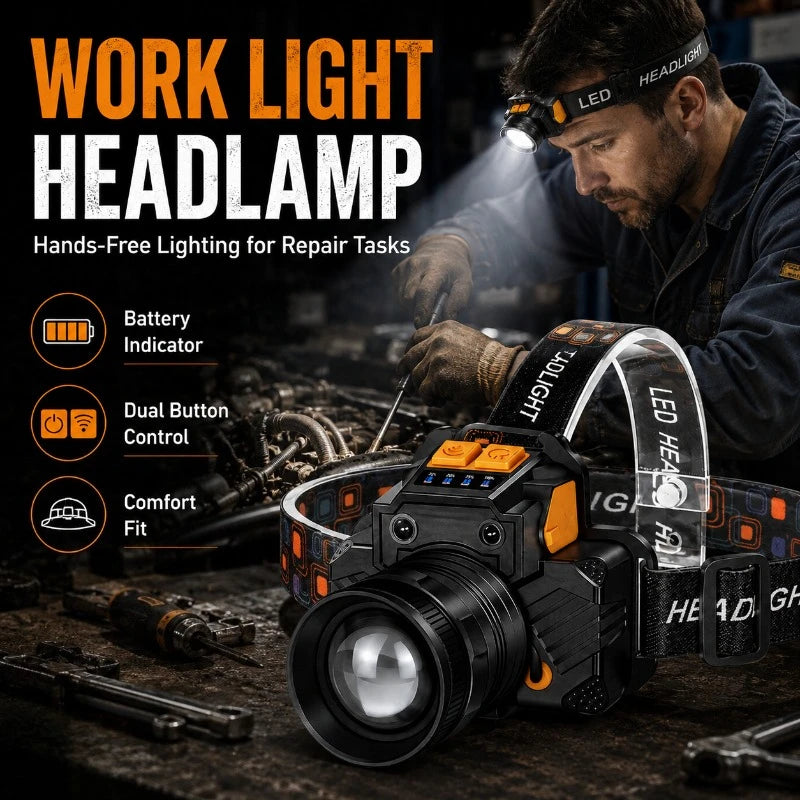 lampe frontale led noire moderne zoom clip rechargeable usb