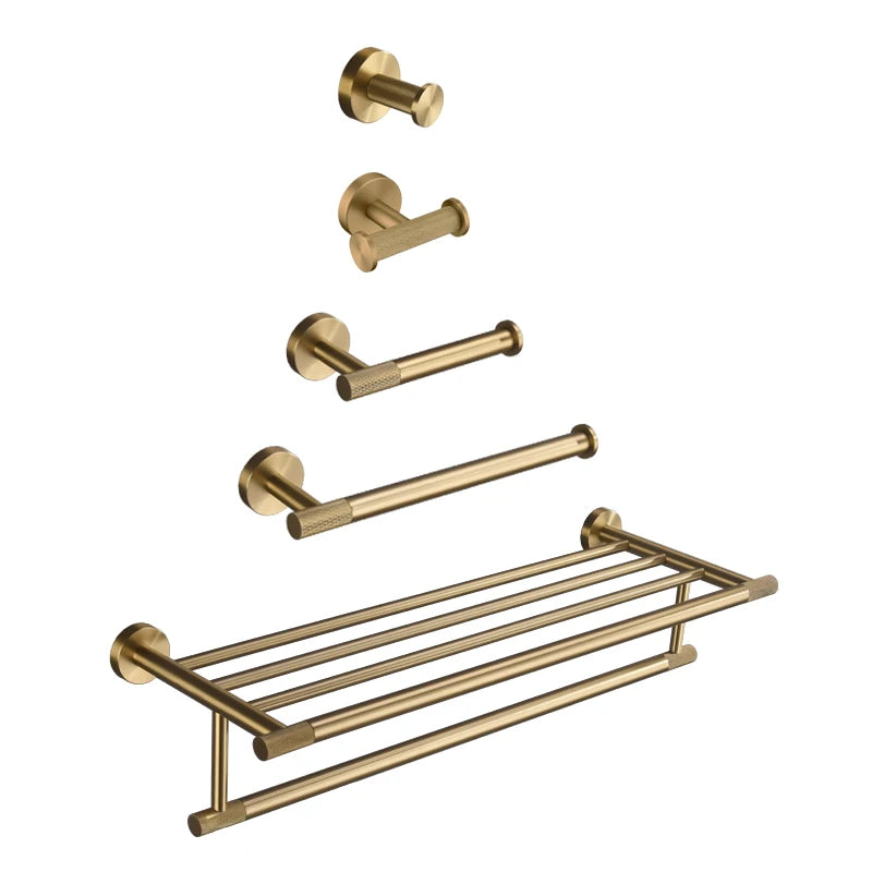 ensemble accessoires salle bain doré métal brossé porte serviette savon distributeur moderne