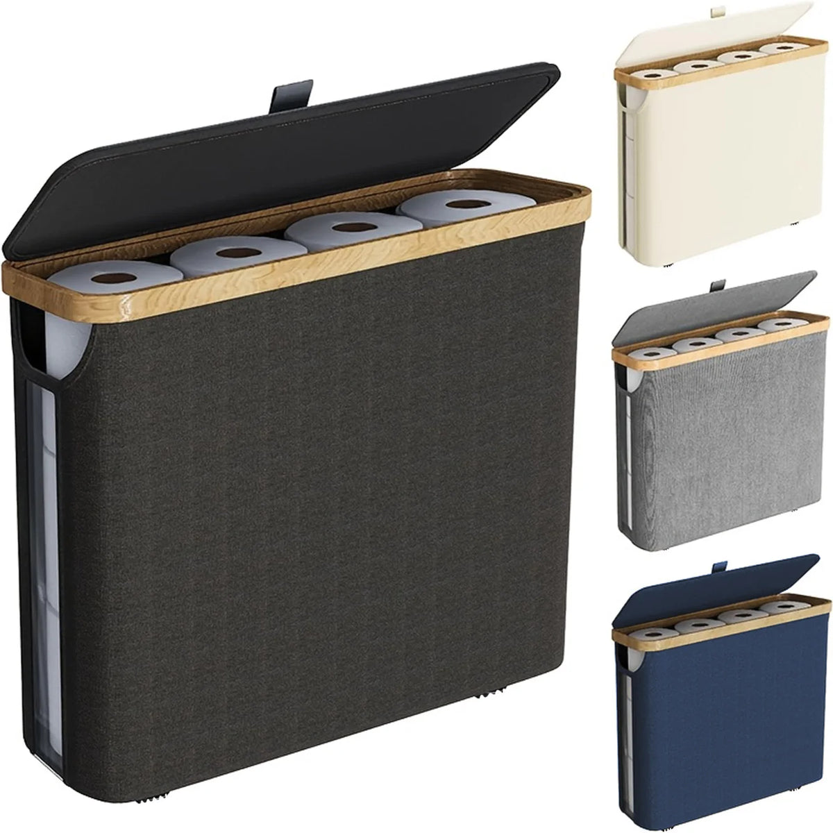 boîte rangement rouleaux papier toilette moderne toile beige gris bleu marine minimaliste 12 rouleaux
