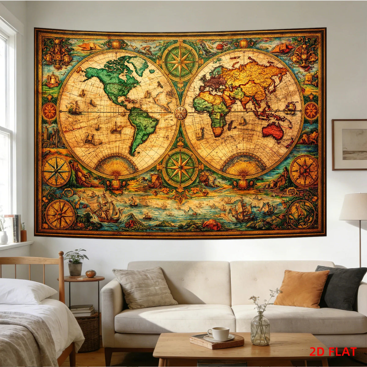 tapisserie murale vintage carte monde navires marine décoration mur moderne multicolore