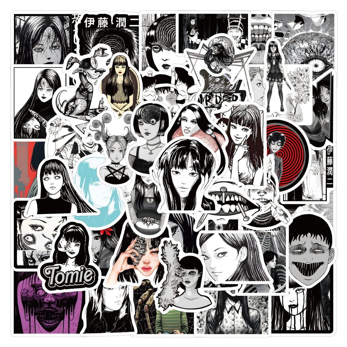 stickers adhésifs étanches gothiques manga abstraits visages grimaçants tomie kawakami junji ito