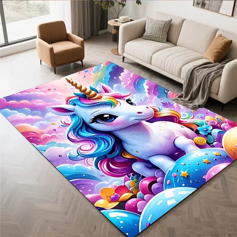 tapis enfant licorne arc ciel chambre fille peluche doux motif nuages fleurs décoratif