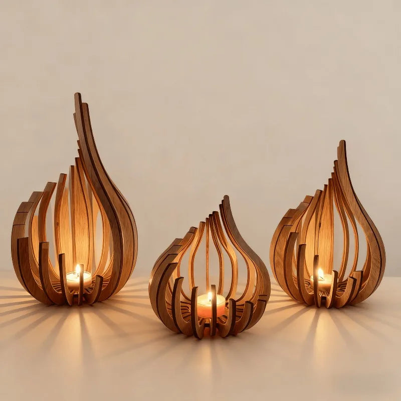 lanterne deco bois clair moderne minimaliste sculpture deco maison event bulbe forme fleur ajourée
