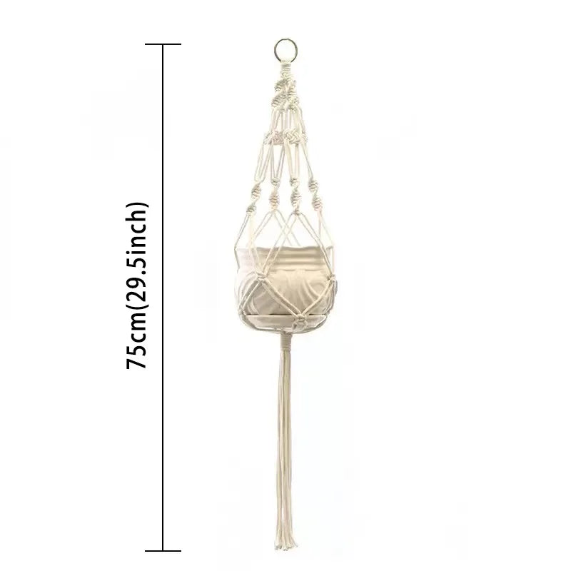 support plante suspendue macramé boho panier blanc noeuds réguliers artisanal pot fleuri
