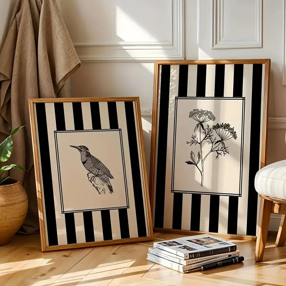 affiche abstraite oiseau plante rayures noires minimaliste classique salon décoration mur toile sans cadre