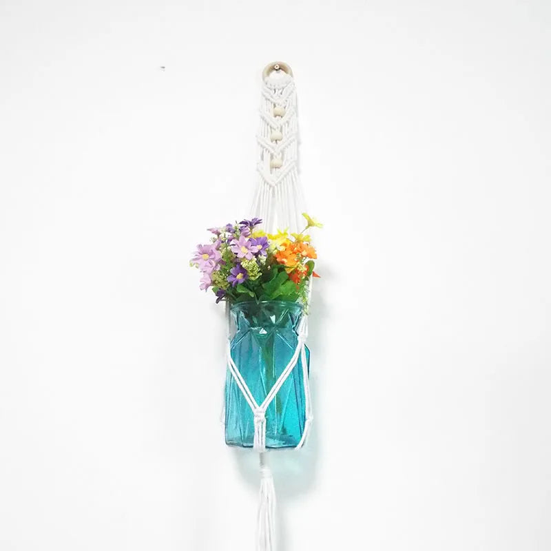suspension murale macramé boho plante corde coton annneau métallique blanc artisanalintérieur jardin