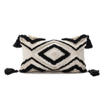 coussin décoratif boho chic blanc bleu marron beige doré motifs géométriques pompons coton