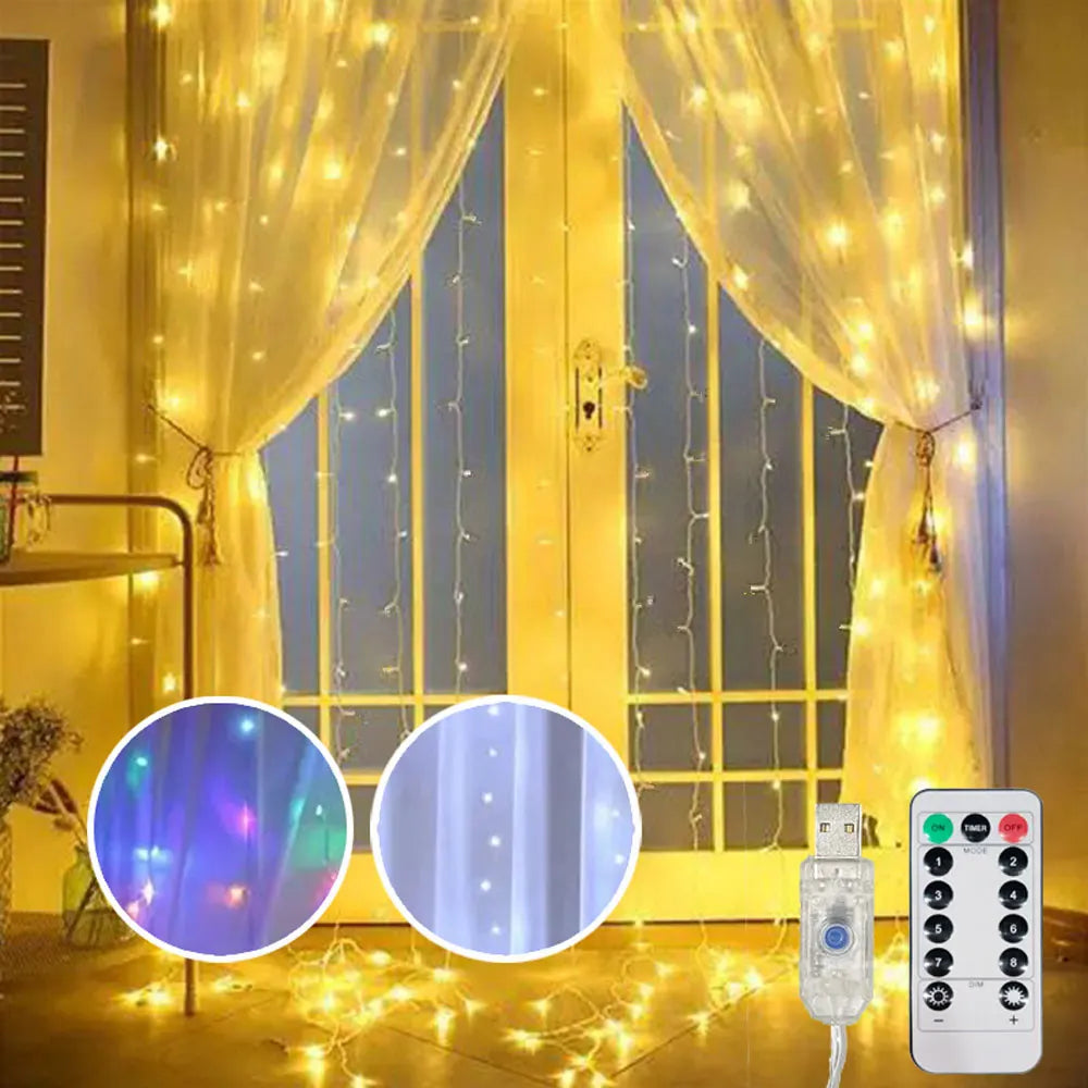 guirlande lumineuse rideau led usb décoration noël mariage intérieur blanc multicolore télécommande