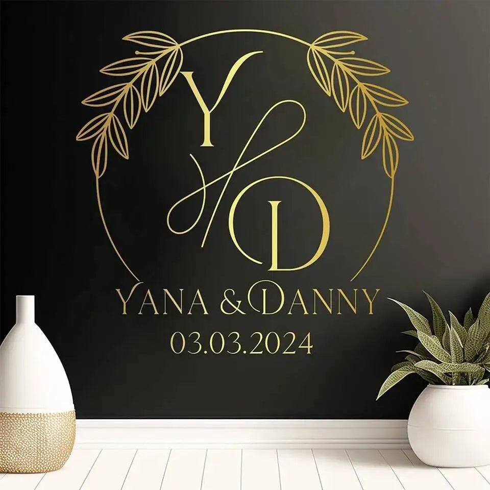 décoration mariage autocollant personnalisable or noir blanc lettrage motif feuilles stylisées élégant moderne transparent