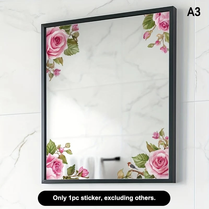 miroir adhésif moderne fleurs feuilles verte doré noir floral amovible chambre salle bain