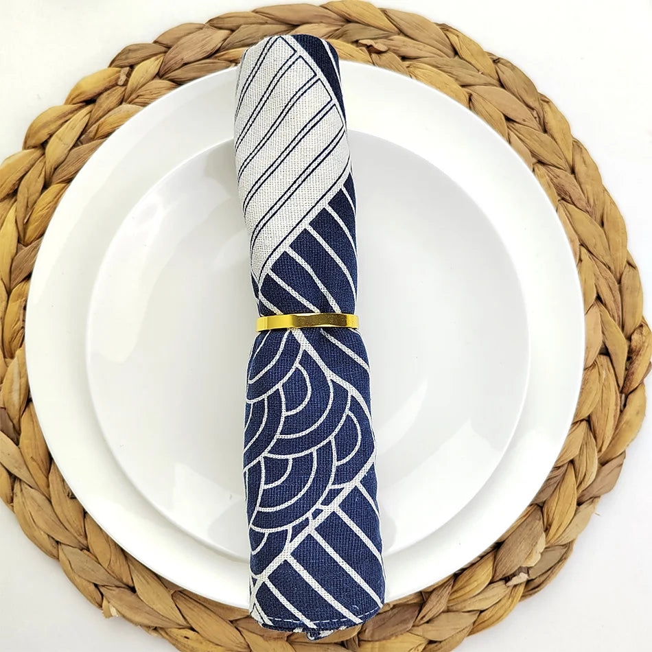 serviettes cuisine bleu marine blanc motif ondulé clips dorés moderne 30x45cm poly coton nhà