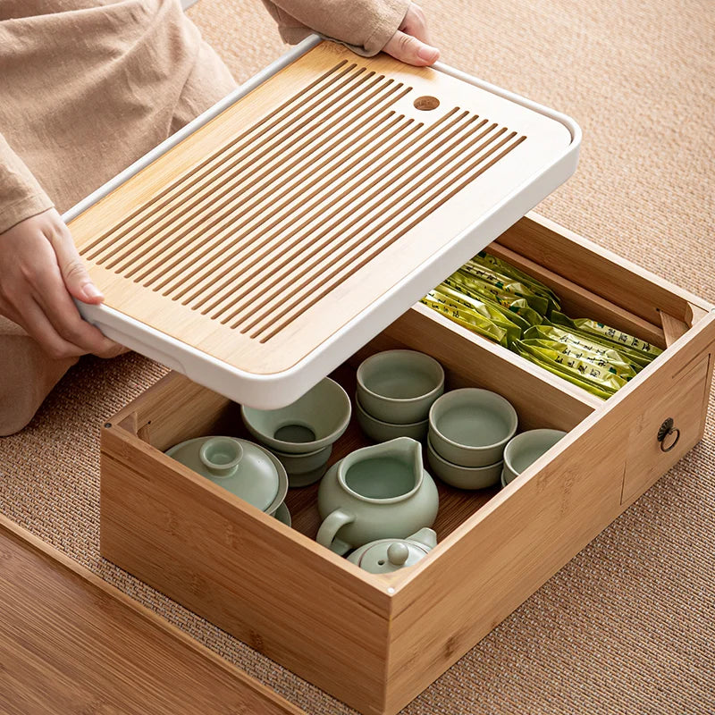 boîte rangement thé bois naturel tasses théière plateau classique minimaliste