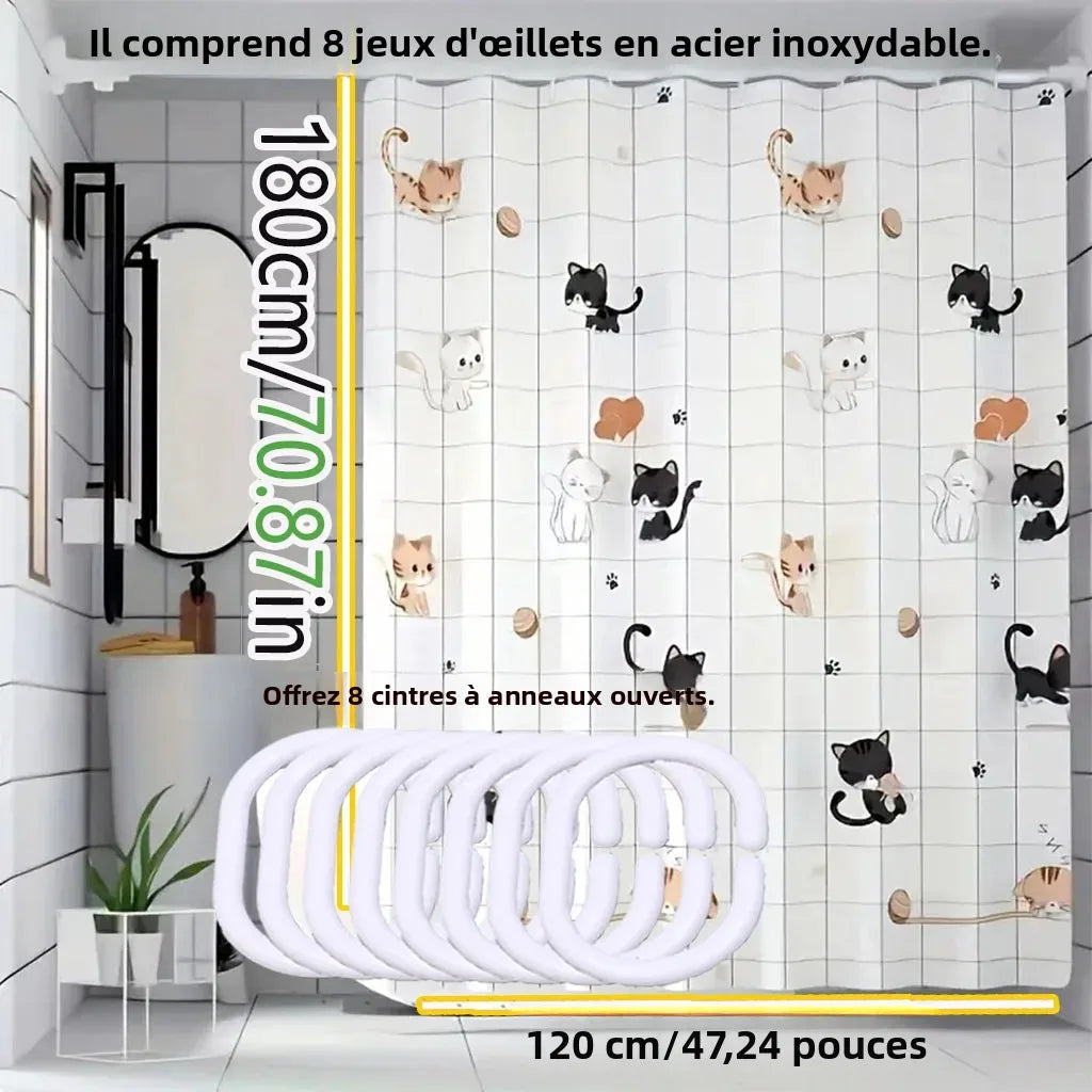 rideau douche moderne chatons mignons motif enfantin blanc noir orange opaques anneaux inoxydables