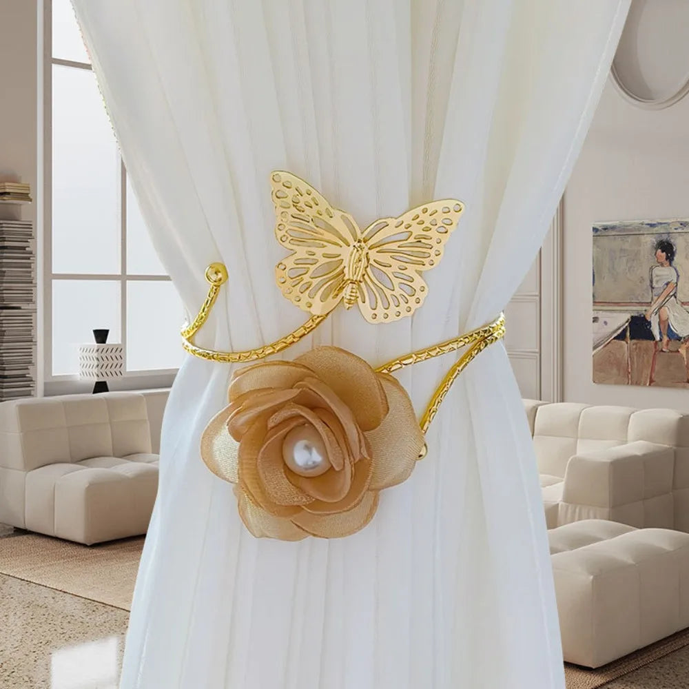accessoires fenetre sangles rideau papillon fleur blanche dorée élégante transparente