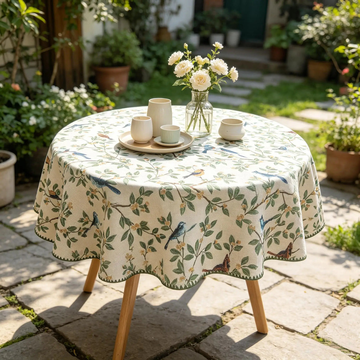 nappe table motif floral oiseaux classique beige clair vert bleu rustiqueversible machine