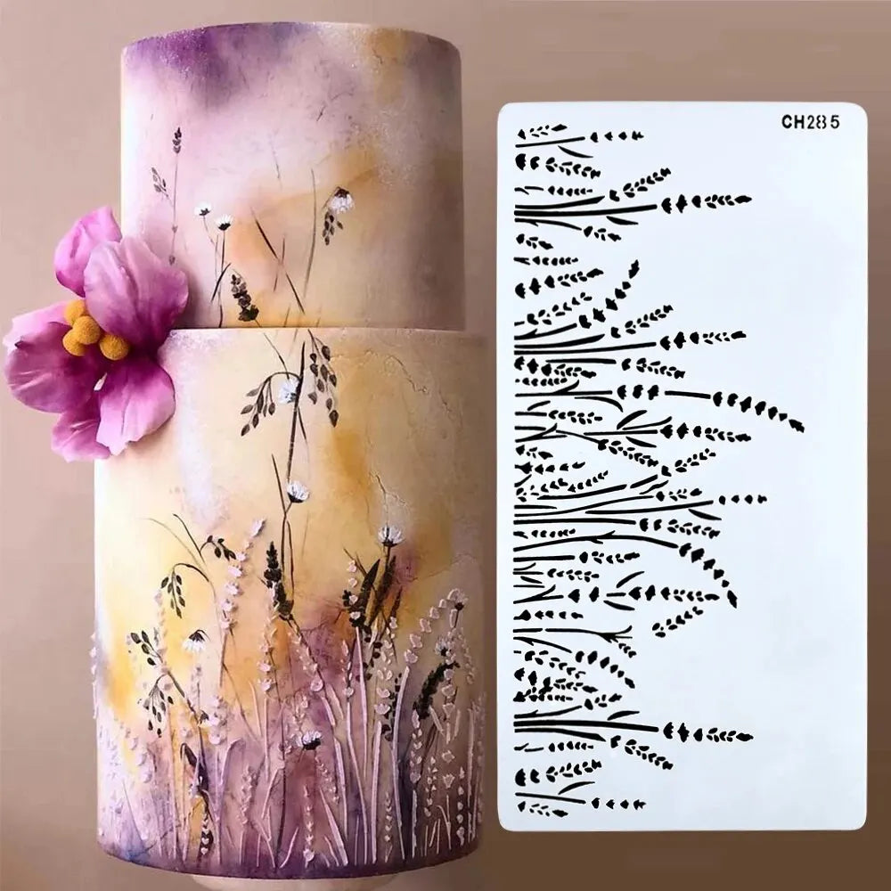 décoration gâteau pochoir floral motif lavande herbes hautes transparent blanc violet rustic