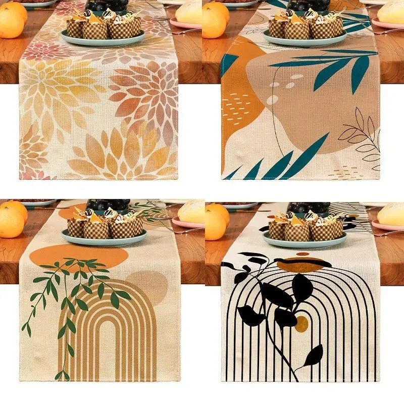 nappe table motif floral abstraite moderne bohème lin couleur beige orange marron vert noir